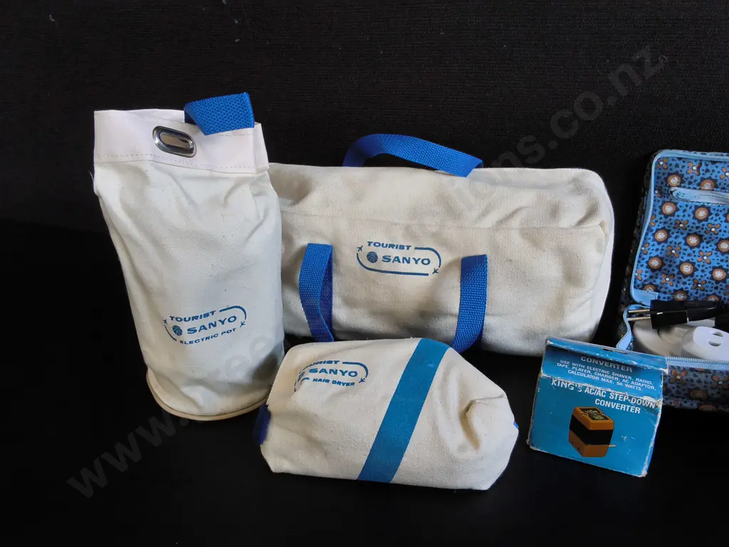 COLLECTION OF VINTAGE TRAVEL APPLIANCES IN CASES, INCLUDING SANYO TOURIST KITS Image 1++