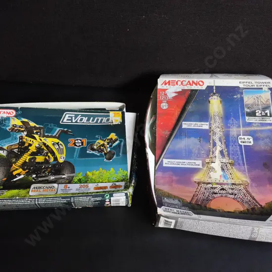 2 MECCANO CONSTRUCTION TOY SETS, MECCANO ATV EVOLUTION AND MECCANO EIFFEL TOWER/ BROOKLYN BRIDGE 2-IN-1