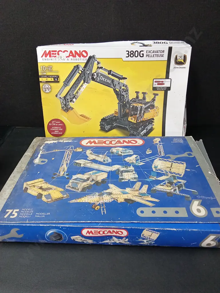 2 MECCANO SETS, JOHN DEERE 380G EXCAVATOR MODEL BUILDING KIT AND ERECTOR METAL CONSTRUCTION SET#6 Image 1++