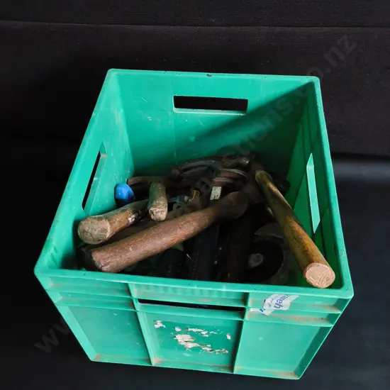BOX OF TOOLS, INCLUDING HAMMERS