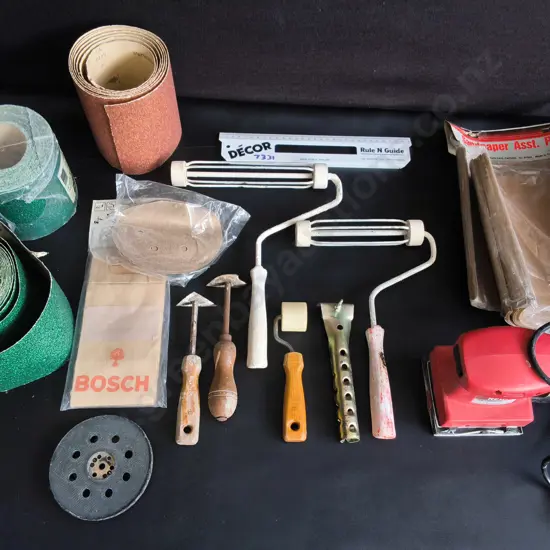 SAND PAPER, PAINT ROLLERS, AND PREP ITEMS
