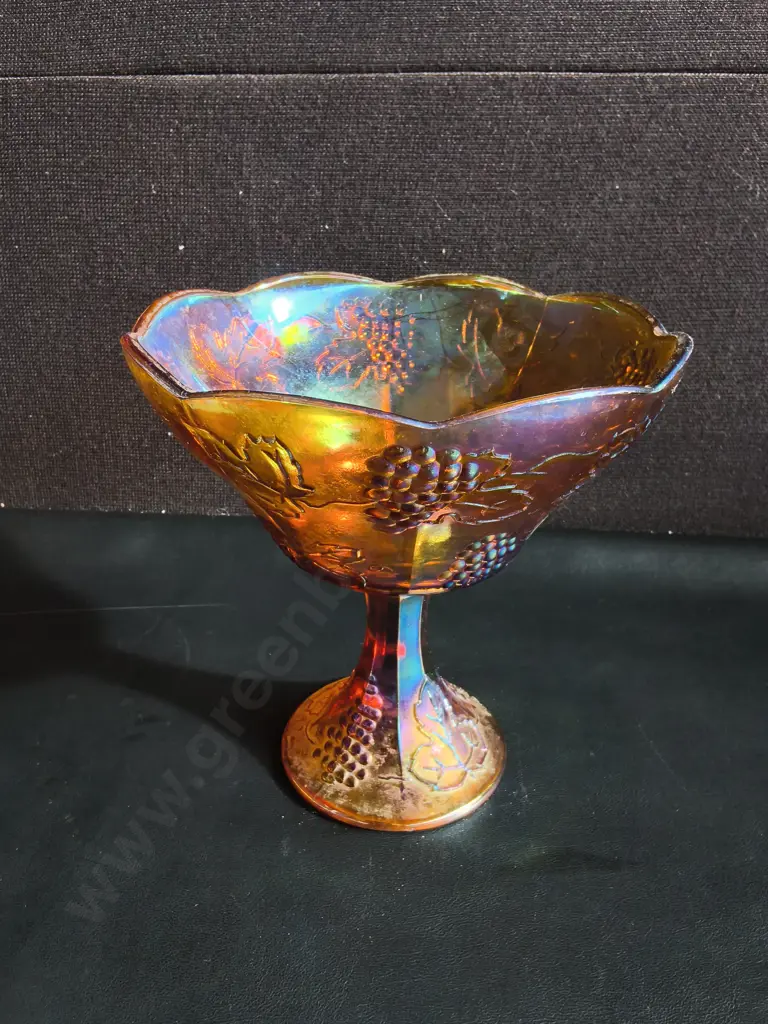 VINTAGE INDIANA GLASS STYLE MARIGOLD CARNIVAL GLASS PEDESTAL COMPOTE BOWL, H 21 CM Image 1++