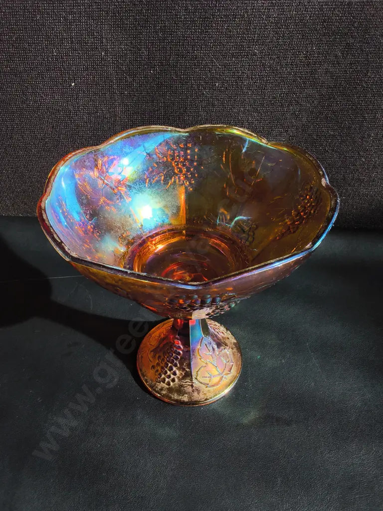 VINTAGE INDIANA GLASS STYLE MARIGOLD CARNIVAL GLASS PEDESTAL COMPOTE BOWL, H 21 CM Image 1++