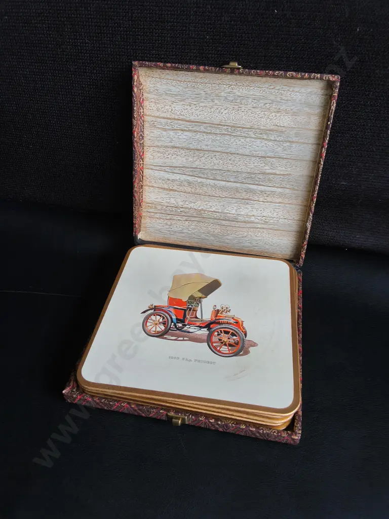 VINTAGE WIN-EL-WARE CLASSIC ANTIQUE CAR COASTERS SET WITH CASE, MADE IN ENGLAND Image 1++