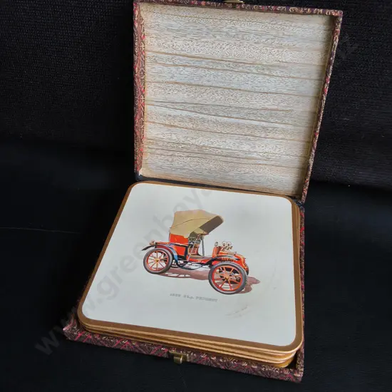 VINTAGE WIN-EL-WARE CLASSIC ANTIQUE CAR COASTERS SET WITH CASE, MADE IN ENGLAND