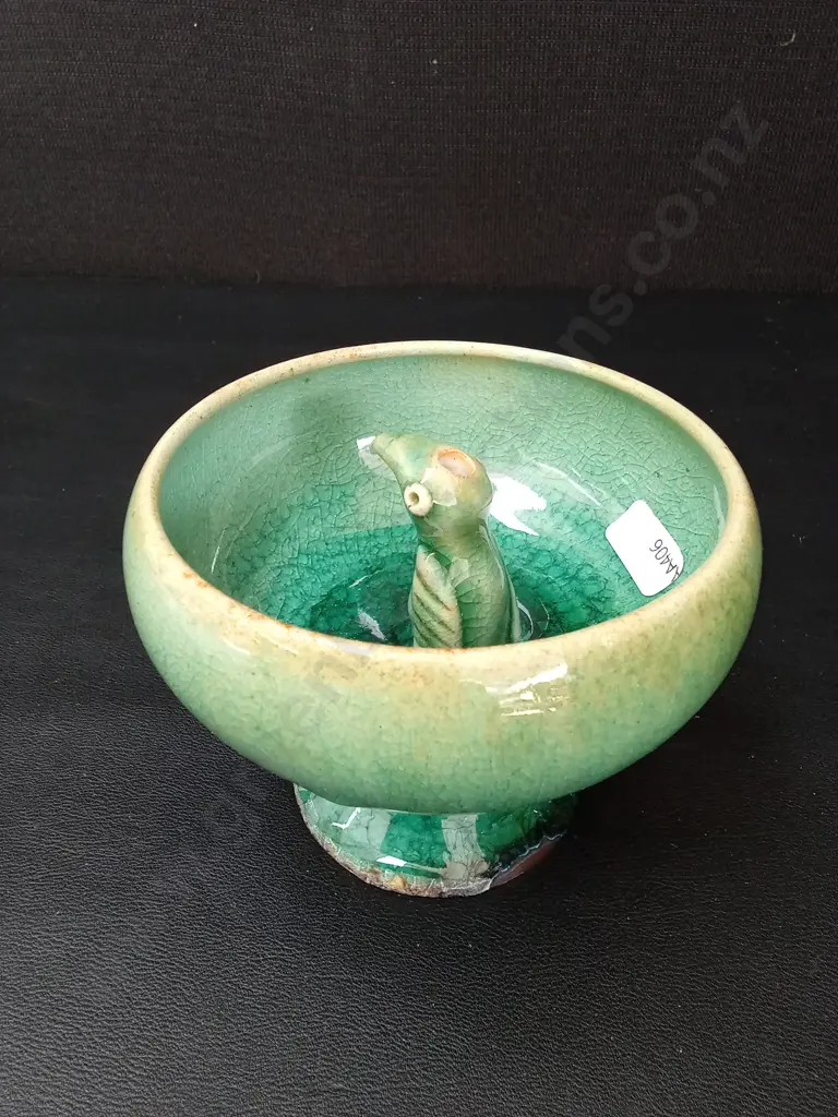 VINTAGE GREEN-GLAZED CERAMIC PEDESTAL BOWL H9CM Image 1++