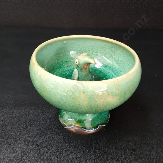 VINTAGE GREEN-GLAZED CERAMIC PEDESTAL BOWL H9CM