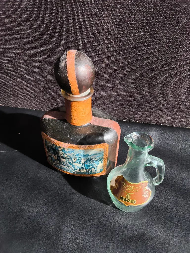 VINTAGE ITALIAN LEATHER WRAPPED GLASS DECANTER AND GLASS BOTTLE, TALLEST H 25 CM Image 1++
