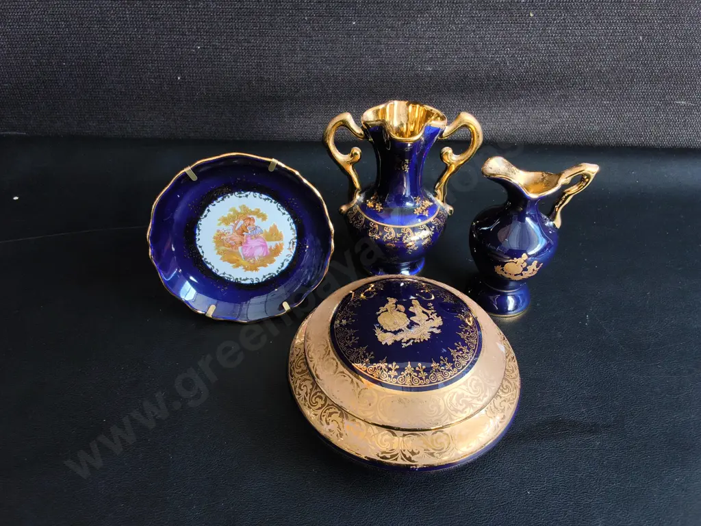 VINTAGE LIMOGES FRANCE COBALT BLUE AND GOLD MINIATURE PORCELAIN SET, 4 PIECES, TALLEST H 12 CM Image 1++