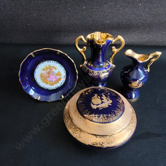 VINTAGE LIMOGES FRANCE COBALT BLUE AND GOLD MINIATURE PORCELAIN SET, 4 PIECES, TALLEST H 12 CM