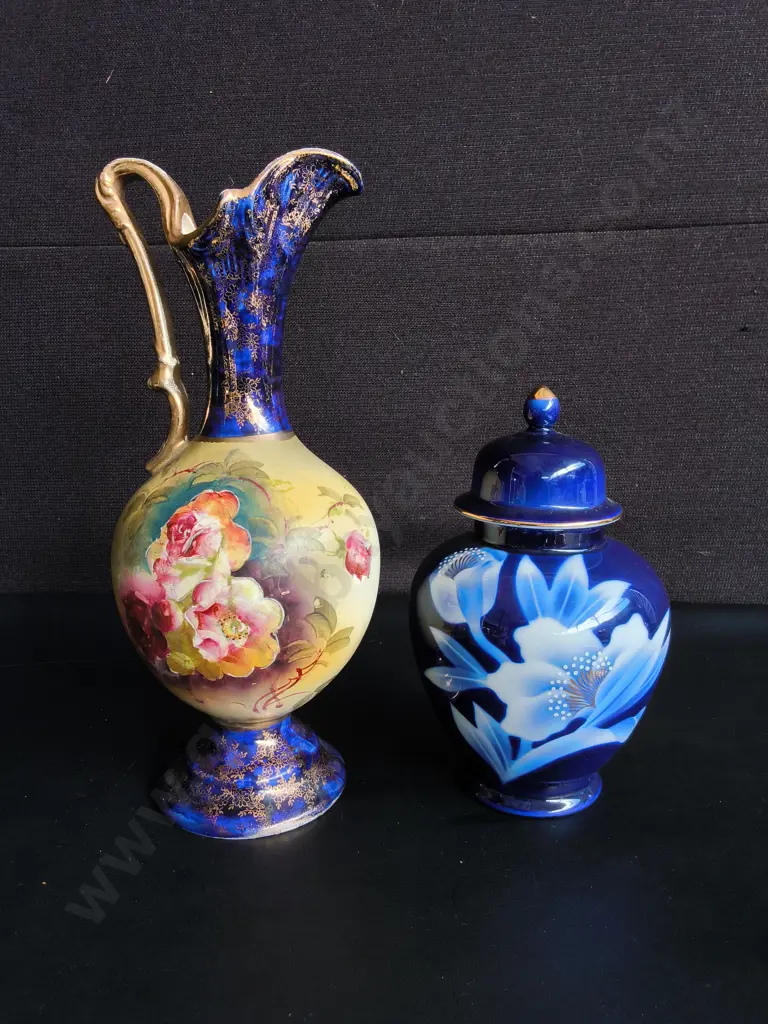 VINTAGE PORCELAIN HAND PAINTED PITCHER AND COBALT FLORAL GINGER JAR, TALLEST H 30 CM Image 1++