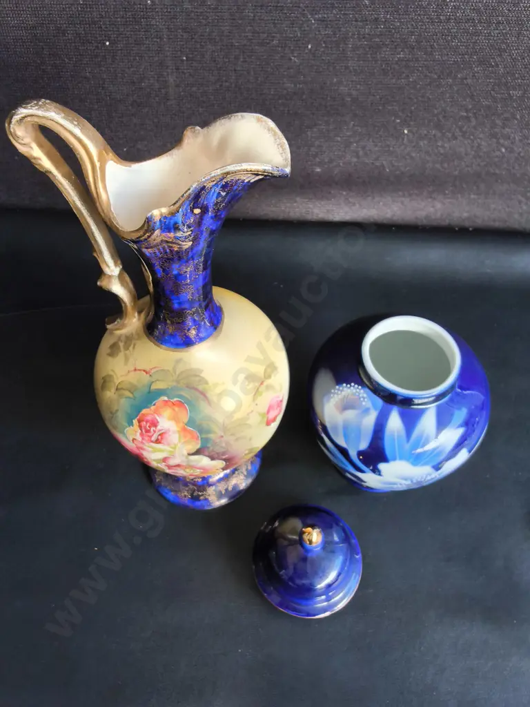 VINTAGE PORCELAIN HAND PAINTED PITCHER AND COBALT FLORAL GINGER JAR, TALLEST H 30 CM Image 1++