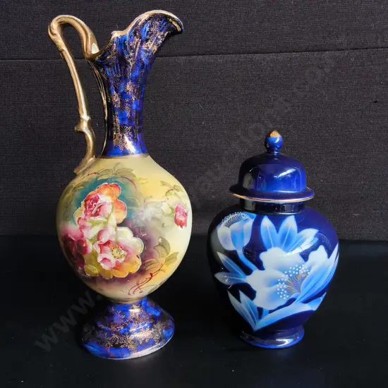 VINTAGE PORCELAIN HAND PAINTED PITCHER AND COBALT FLORAL GINGER JAR, TALLEST H 30 CM