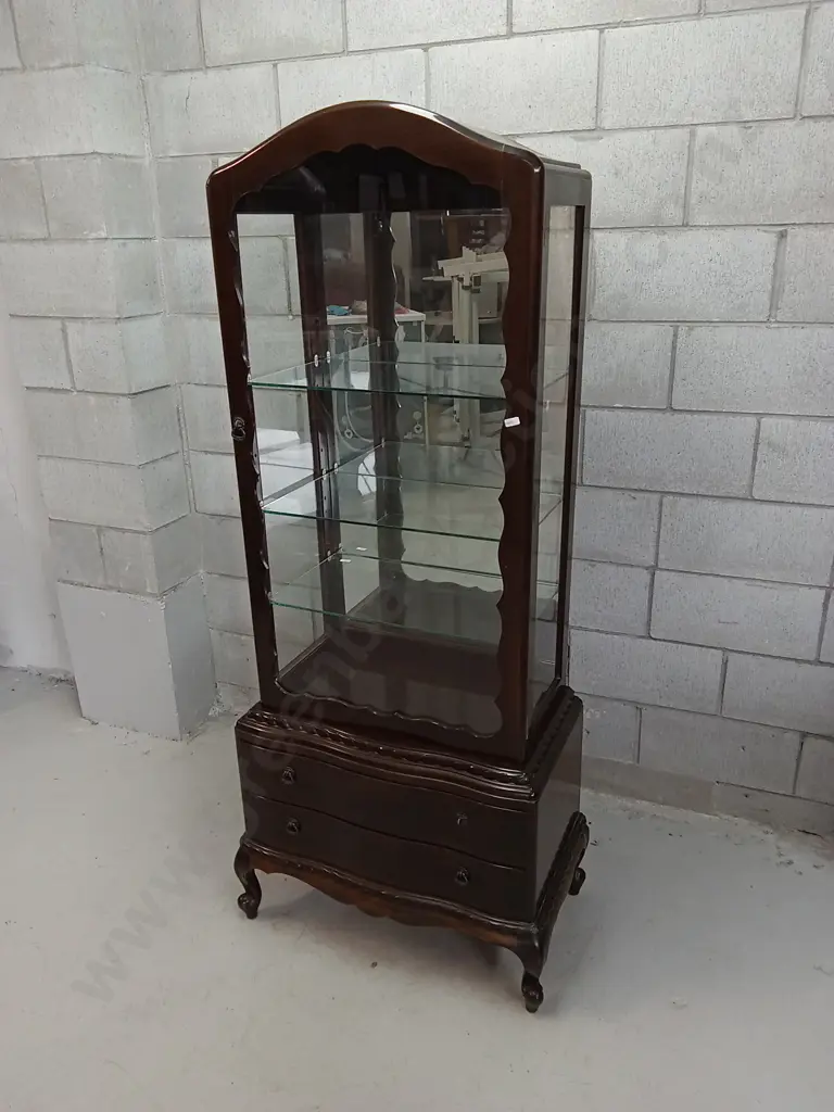 DARK WOOD QUEEN ANNE-STYLE DISPLAY CABINET WITH MIRRORED BACK, H 172CM X W 70CM X D 40CM Image 1++