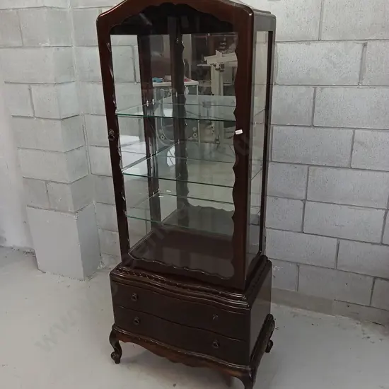 DARK WOOD QUEEN ANNE-STYLE DISPLAY CABINET WITH MIRRORED BACK, H 172CM X W 70CM X D 40CM