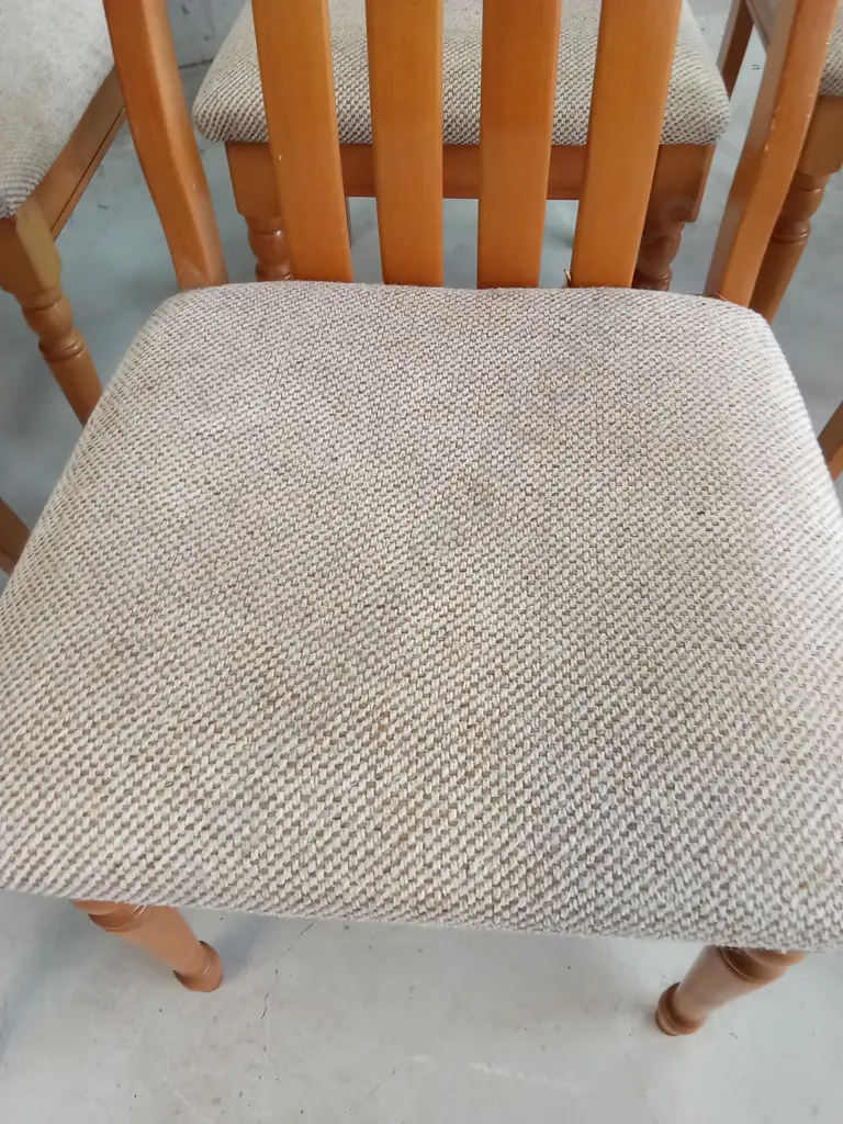 6 SEATER WOODEN DINING TABLE AND UPHOLSTERED CHAIRS, 173CM X 102CM Image 1++