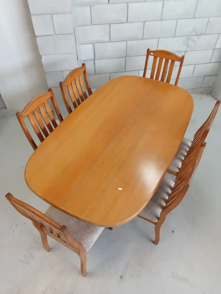 6 SEATER WOODEN DINING TABLE AND UPHOLSTERED CHAIRS, 173CM X 102CM Image 1++