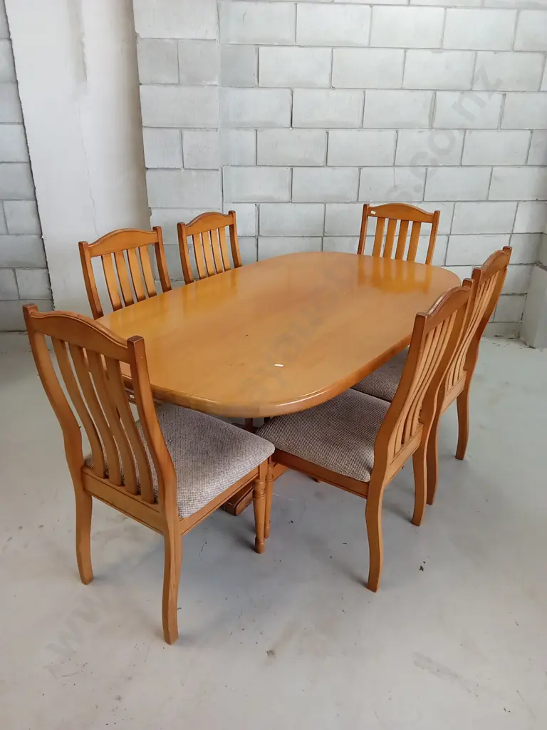 6 SEATER WOODEN DINING TABLE AND UPHOLSTERED CHAIRS, 173CM X 102CM Image 1++