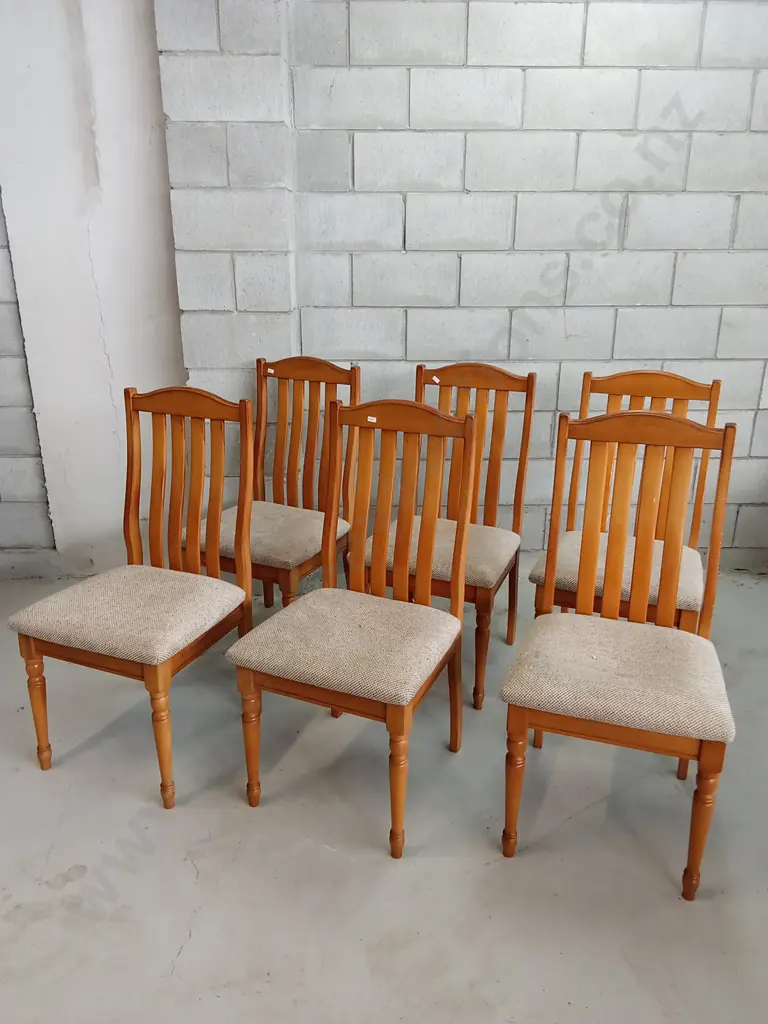 6 SEATER WOODEN DINING TABLE AND UPHOLSTERED CHAIRS, 173CM X 102CM Image 1++
