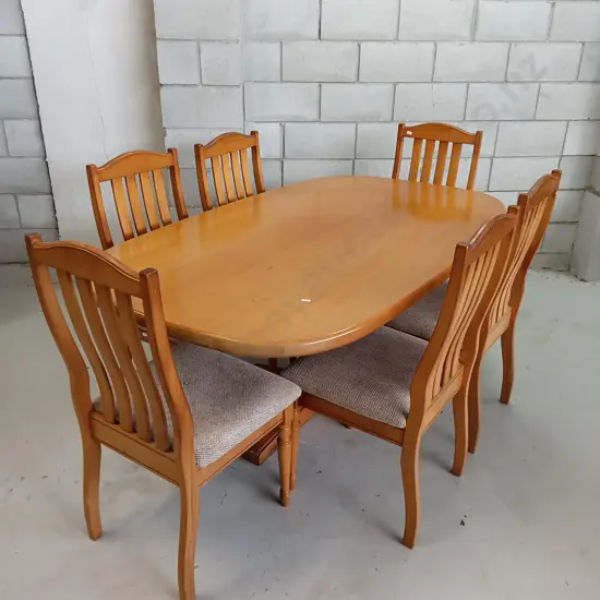 6 SEATER WOODEN DINING TABLE AND UPHOLSTERED CHAIRS, 173CM X 102CM