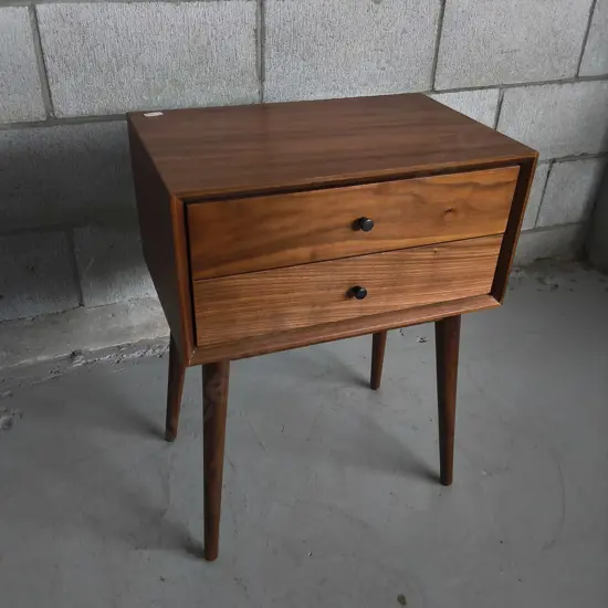 MID CENTURY 2 DRAWER WOODEN BEDSIDE TABLE, H 61 CM X W 46 CM X D 31 CM
