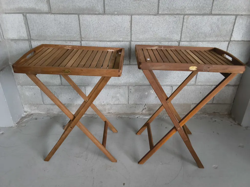 PAIR OF WOODEN FOLDING TABLES, ONE TABLE NEEDS RESCREWING, H 64 CM Image 1++