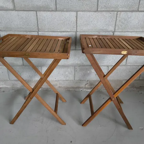 PAIR OF WOODEN FOLDING TABLES, ONE TABLE NEEDS RESCREWING, H 64 CM