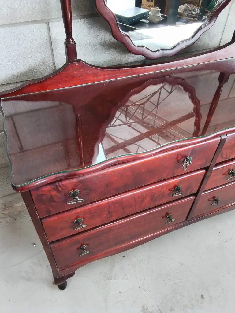 VINTAGE QUEEN ANNE STYLE 6 DRAWER DRESSING TABLE WITH ATTACHED OVAL MIRROR, H TO TOP OF MIRROR 1.69 M X W 1.21 M X D 40 Image 1++