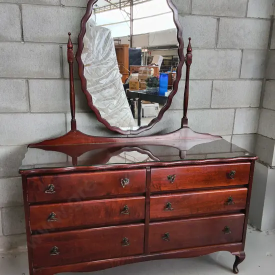 VINTAGE QUEEN ANNE STYLE 6 DRAWER DRESSING TABLE WITH ATTACHED OVAL MIRROR, H TO TOP OF MIRROR 1.69 M X W 1.21 M X D 40