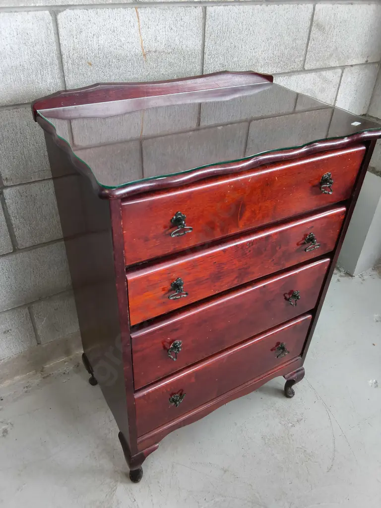 VINTAGE QUEEN ANNE STYLE CHEST OF DRAWERS WITH GLASS TOP, H 99 CM X W 64 CM X D 40 CM Image 1++