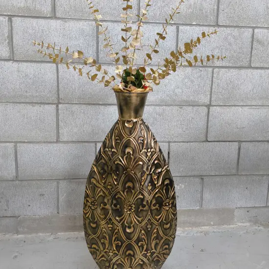 TEXTURED METAL FLOOR VASE AND FAUX FOLLIAGE, H TO TOP OF VASE 80 CM