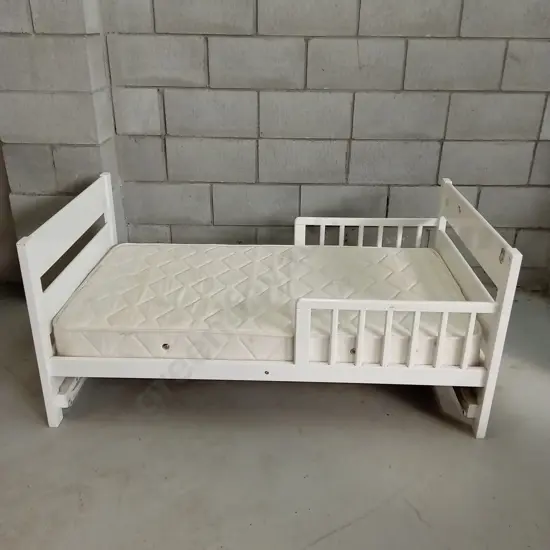 KIDS BED AND MATTRESS, H 63CM X W 135CM X D 76CM