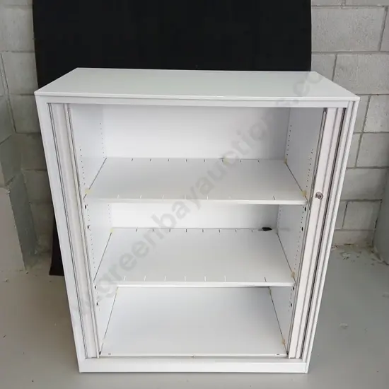TAMBOUR CABINET WITH SHELVES EXCELLENT CONDITION, H 111CM X 90CM X 45CM