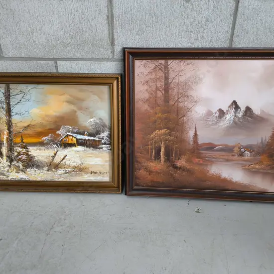 PAIR OF FRAMED LANDSCAPE ARTWORKS, SMALLER ONE NEEDS TO BE RETAPED AT THE BACK, TALLEST H 57 CM X W 67 CM