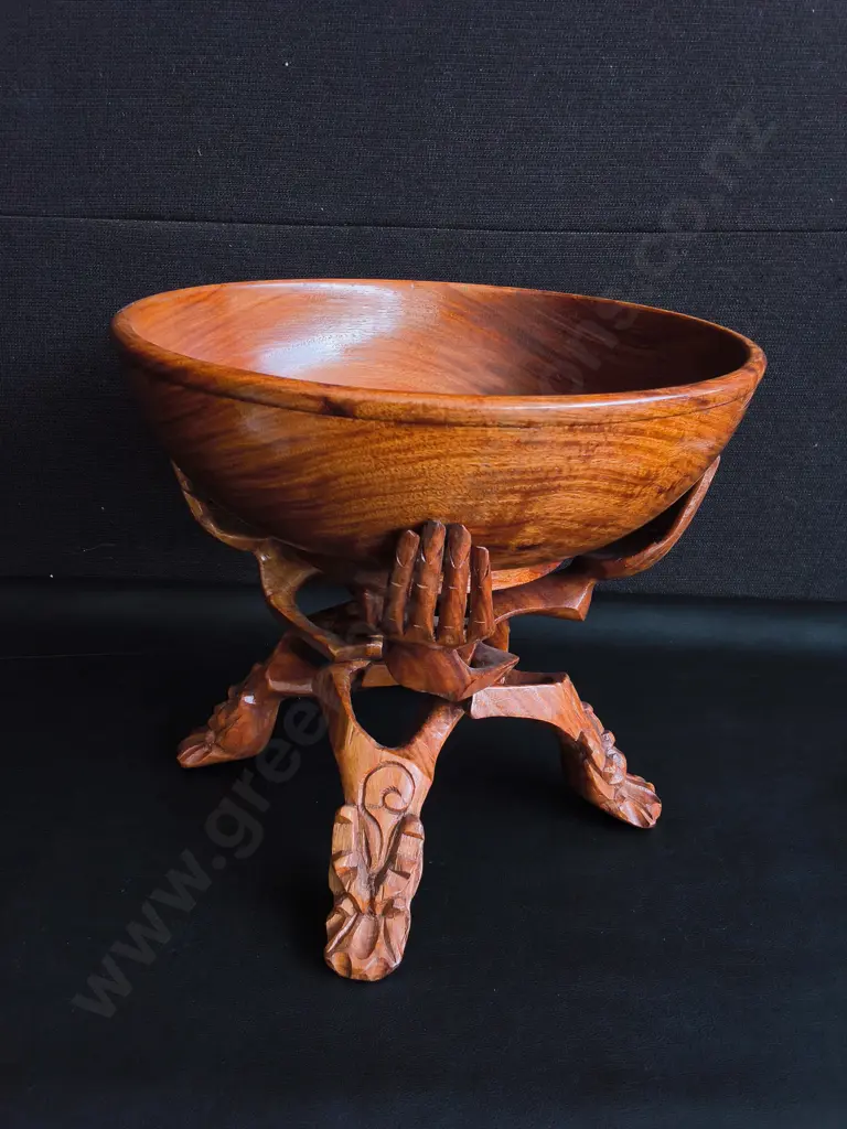 VINTAGE HAND CARVED WOODEN UNITY BOWL AND INTERLOCKING TRIPOD HAND STAND, H 26 CM Image 1++