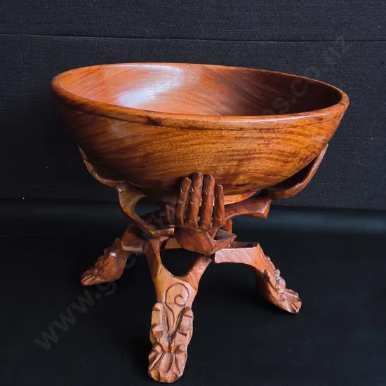 VINTAGE HAND CARVED WOODEN UNITY BOWL AND INTERLOCKING TRIPOD HAND STAND, H 26 CM