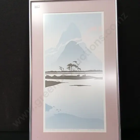 FRAMED LIMITED EDITION SCREEN PRINT YITLES "SUMMER EVENING MITRE PEAK" BY MALCOLM WARR L40CM H67CM