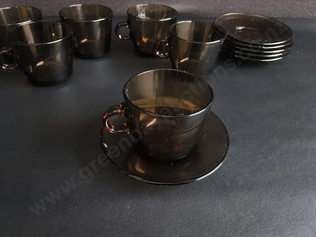 SET OF 6 VINTAGE SMOKED GLASS CUPS AND SAUCERS, VERECO Image 1++
