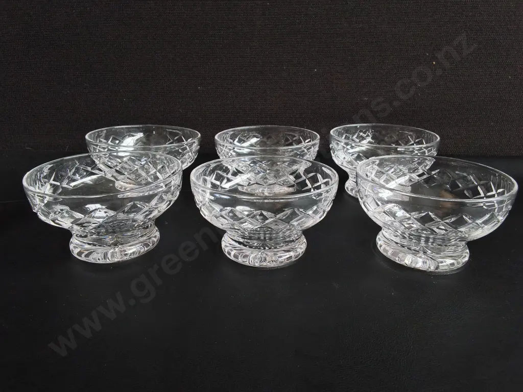 SET OF 6 VINTAGE CUT CRYSTAL FOOTED DESSERT BOWLS, STUART ENGLAND, H 6 CM Image 1++