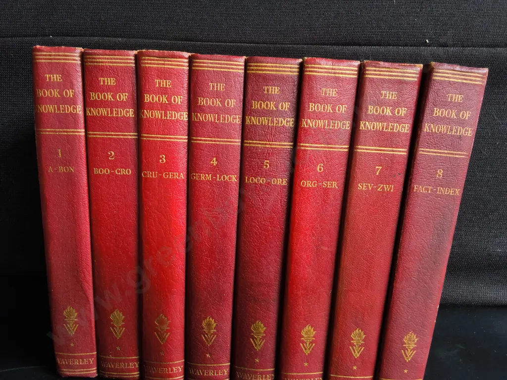 8 VOLUME SET OF RED LEATHER "THE BOOK OF KNOWLEDGE" Image 1++