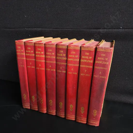 8 VOLUME SET OF RED LEATHER "THE BOOK OF KNOWLEDGE"