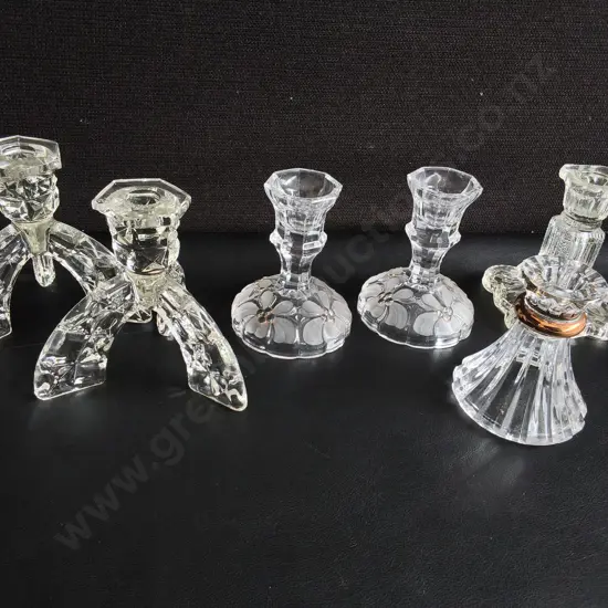 COLLECTION OF VINTAGE PRESSED GLASS CANDLESTICK HOLDERS, TALLEST H 11 CM, 6 PIECES