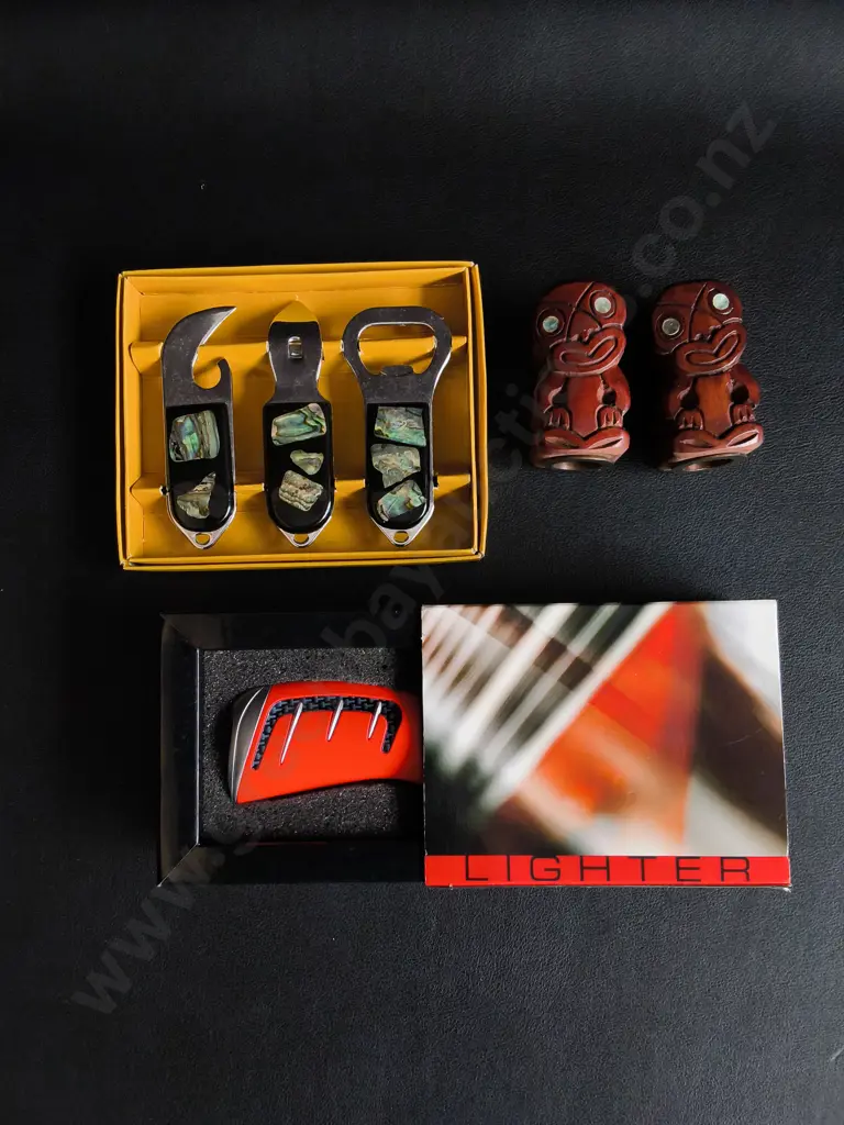 PAIR OF CARVED WOODEN TIKI HEAD STOPPERS, BOTTLE OPENERS, AND BRAND NEW LIGHTER Image 1++
