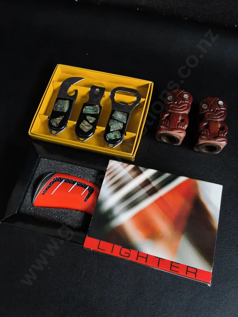 PAIR OF CARVED WOODEN TIKI HEAD STOPPERS, BOTTLE OPENERS, AND BRAND NEW LIGHTER Image 1++