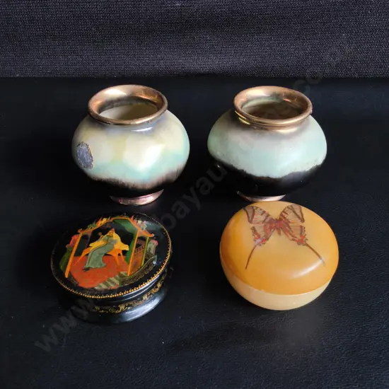 PAIR OF VINTAGE VASES MADE IN GERMANY, AND PAIR OF VINTAGE TRINKET BOXES, TALLEST H 7 CM