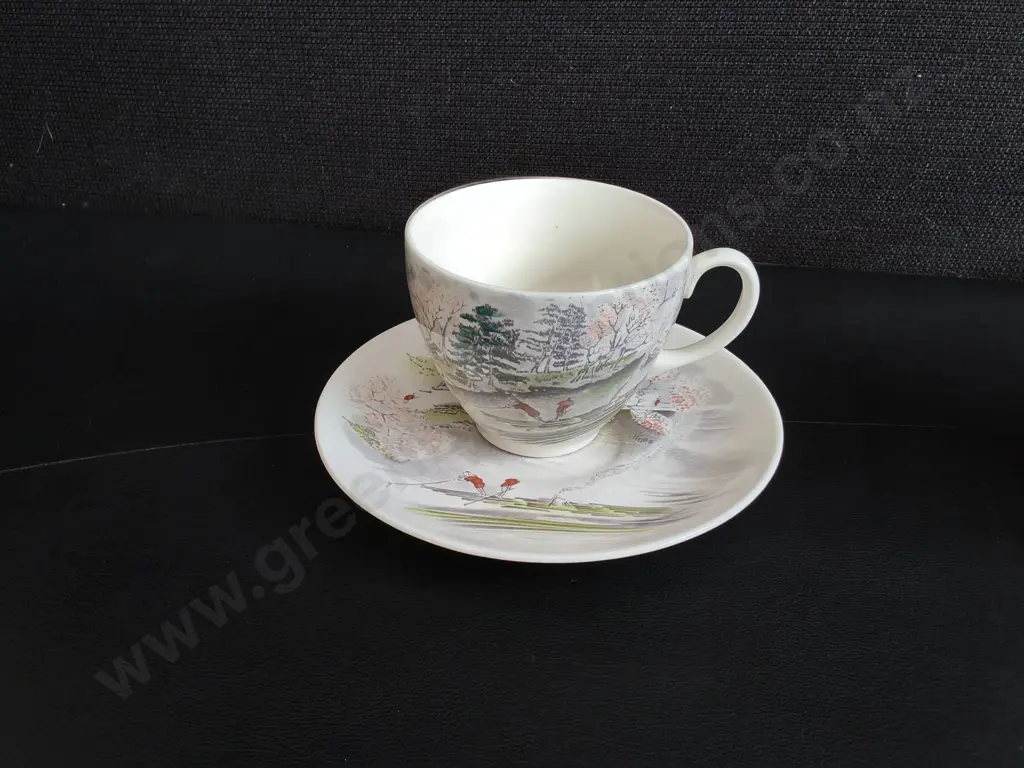 VINTAGE JOHNSON BROS "CHERRY TREES" TEACUP AND SAUCERS SET, MADE IN ENGLAND, 6 SETS Image 1++