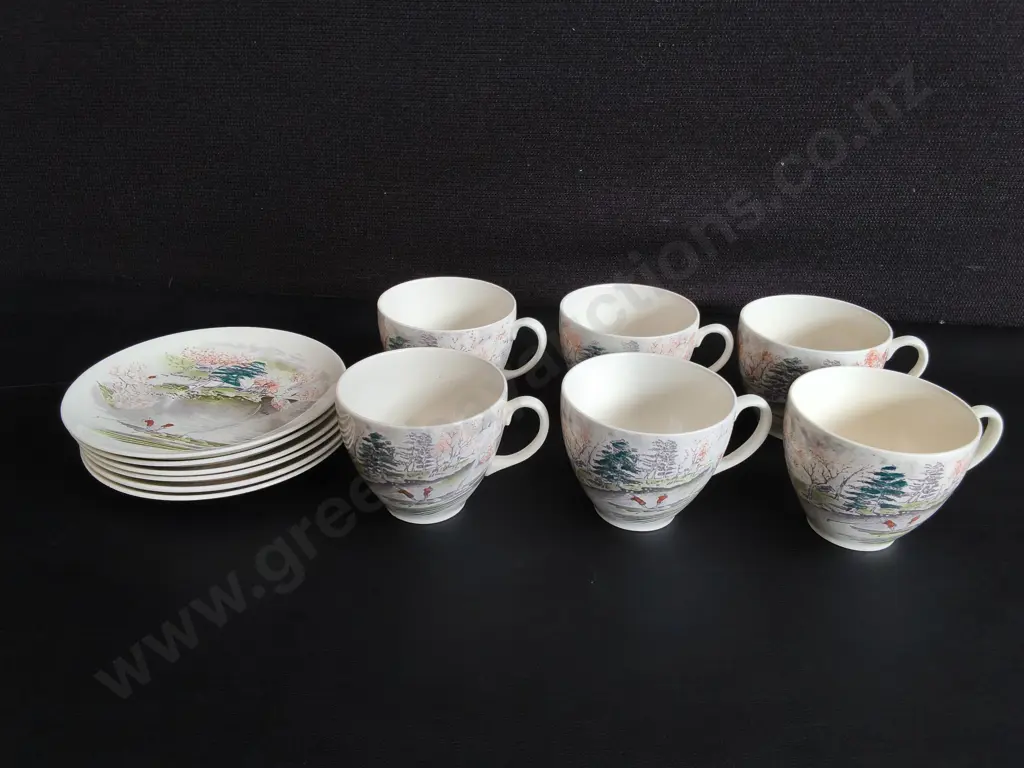VINTAGE JOHNSON BROS "CHERRY TREES" TEACUP AND SAUCERS SET, MADE IN ENGLAND, 6 SETS Image 1++