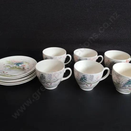 VINTAGE JOHNSON BROS "CHERRY TREES" TEACUP AND SAUCERS SET, MADE IN ENGLAND, 6 SETS