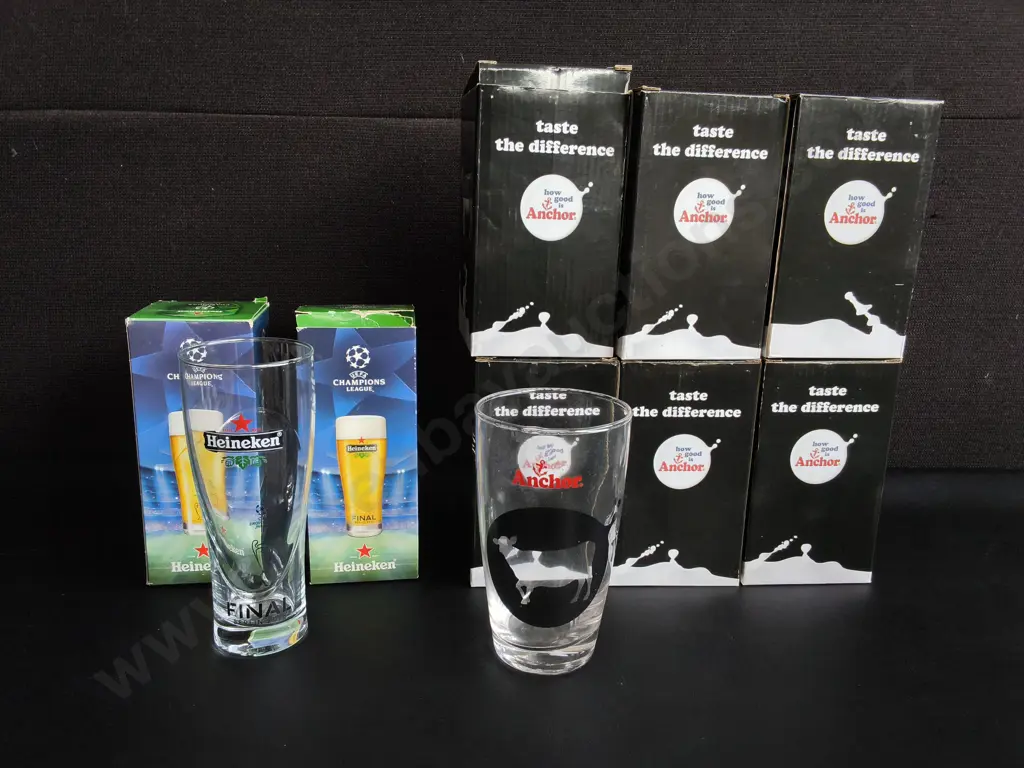 6 ANCHOR MILK GLASSES AND 2 HEINEKEN CHAMPIONS LEAGUE GLASSES, BOXED Image 1++