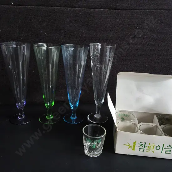 4 TALL GLASSES, AND BRAND NEW SET OF 6 SHOT GLASSES ,TALLEST H 23 CM
